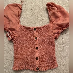 Buttoned Short-Sleeve Crop Top with Puffy Sleeves